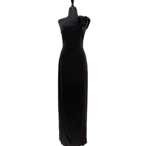 Trina Turk // Black vegan silk over the shoulder ruffled gown